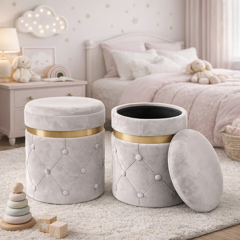 Pouf Contenitore Ø37x40 cm Sgabello Poggiapiedi in Velluto Avorio