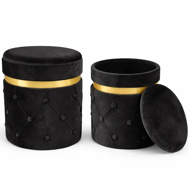 Set 2 Pouf Contenitori 38x44 cm e 31x38 cm con Design Trapuntato in Velluto Nero