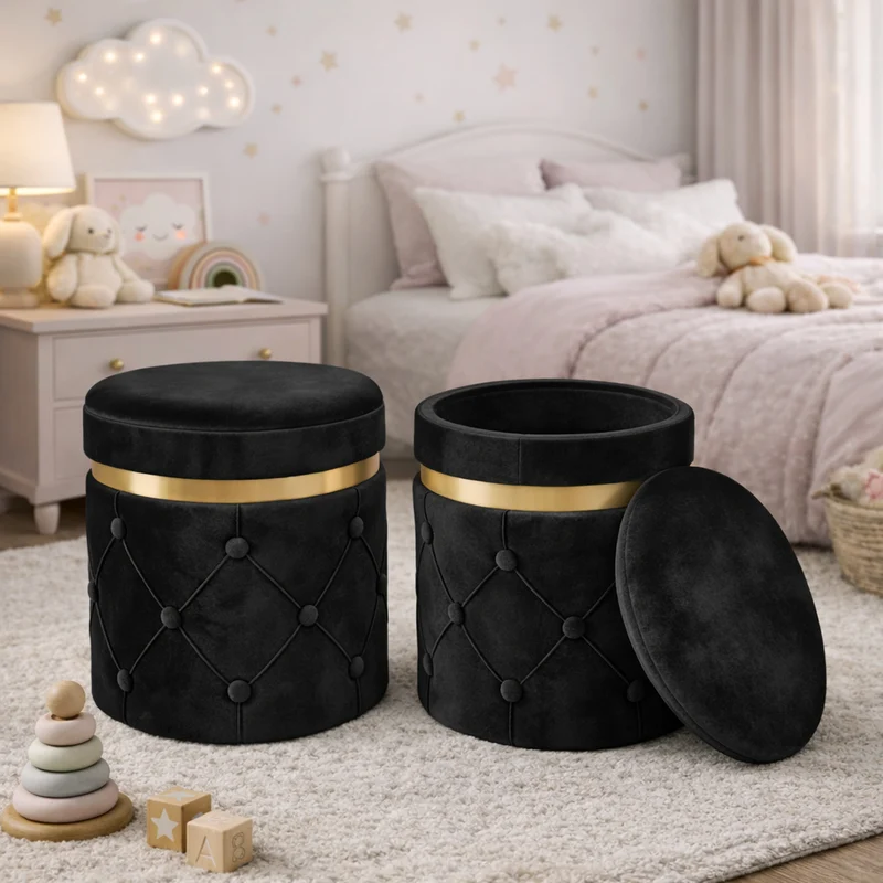 Set 2 Pouf Contenitori 38x44 cm e 31x38 cm con Design Trapuntato in Velluto Nero