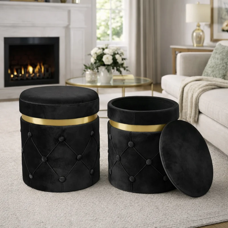 Set 2 Pouf Contenitori 38x44 cm e 31x38 cm con Design Trapuntato in Velluto Nero