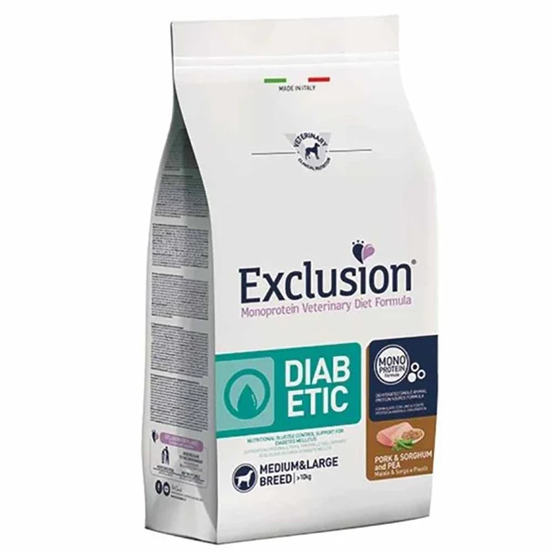Exclusion Diabetic Maiale Sorgo e Piselli 2kg per Cani Adulti di Taglia Media e Grande