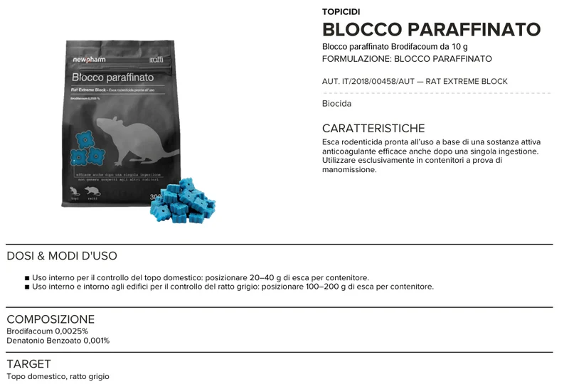 Esca rodenticida derattizzante per topi e ratti Newpharm Blocco Paraffinato 300 gr