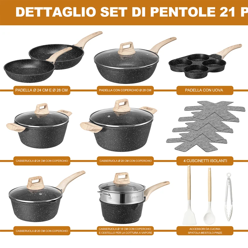 Batteria Pentole e Padelle 21 Pezzi in Alluminio Pressofuso Antiaderente Nero