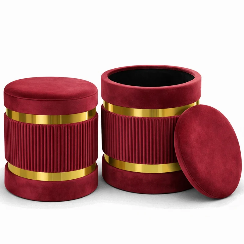 Set 2 Pouf Contenitore Ø 38x44 cm e Ø 31x38 cm con Rivestimento Velluto Bordeaux