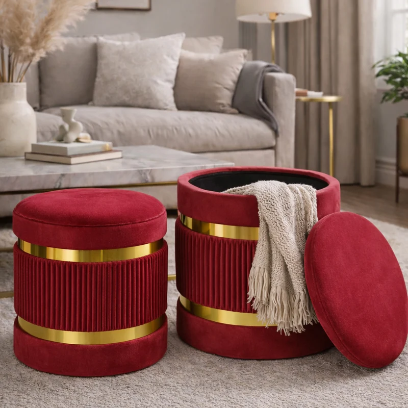 Set 2 Pouf Contenitore Ø 38x44 cm e Ø 31x38 cm con Rivestimento Velluto Bordeaux