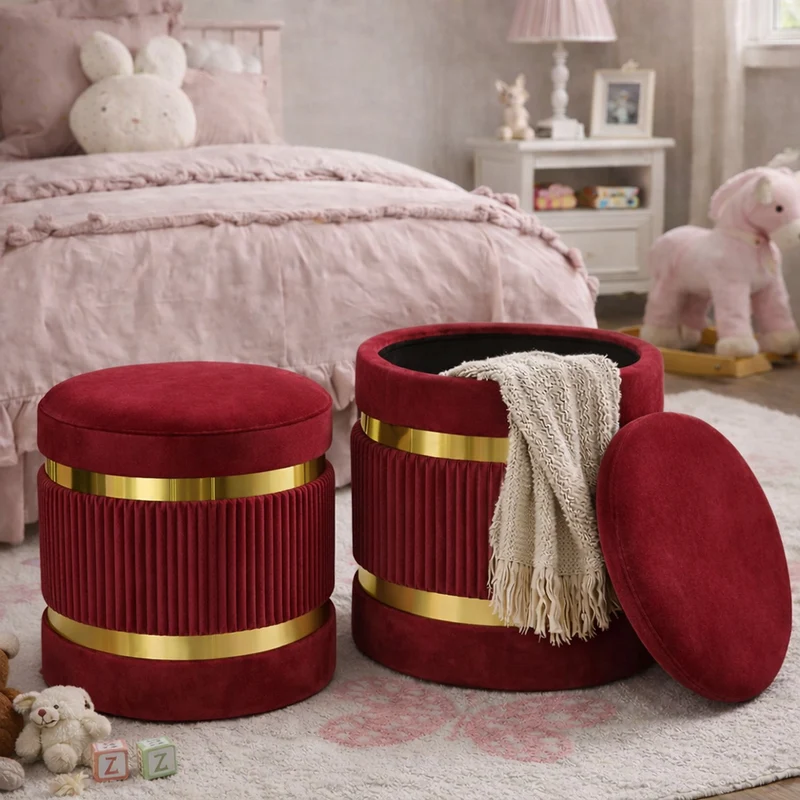 Set 2 Pouf Contenitore Ø 38x44 cm e Ø 31x38 cm con Rivestimento Velluto Bordeaux