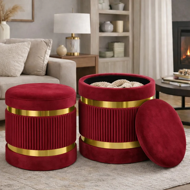 Set 2 Pouf Contenitore Ø 38x44 cm e Ø 31x38 cm con Rivestimento Velluto Bordeaux