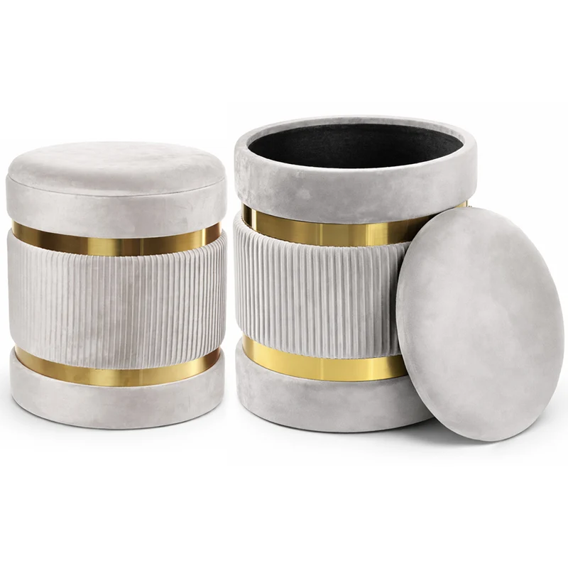 Set 2 Pouf Contenitore Ø 38x44 cm e Ø 31x38 cm con Rivestimento Velluto Avorio