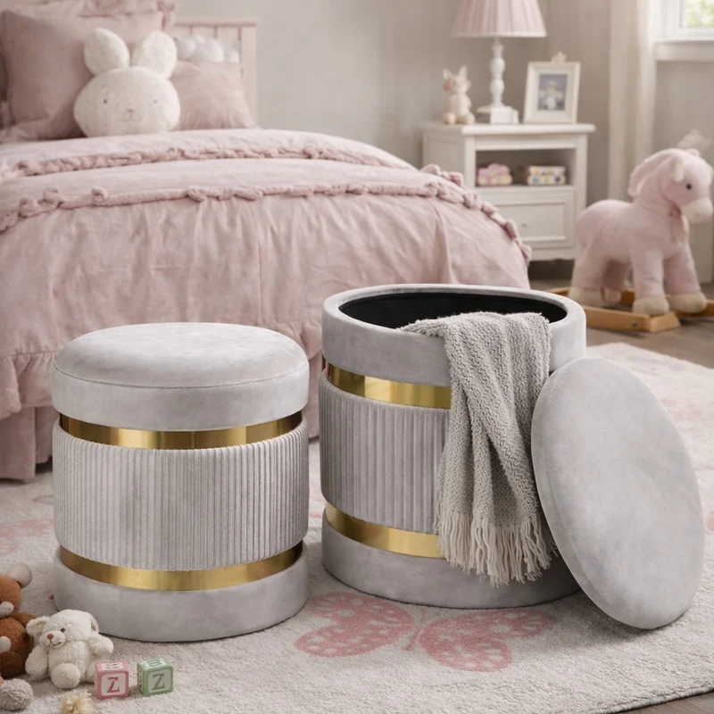 Set 2 Pouf Contenitore Ø 38x44 cm e Ø 31x38 cm con Rivestimento Velluto Avorio