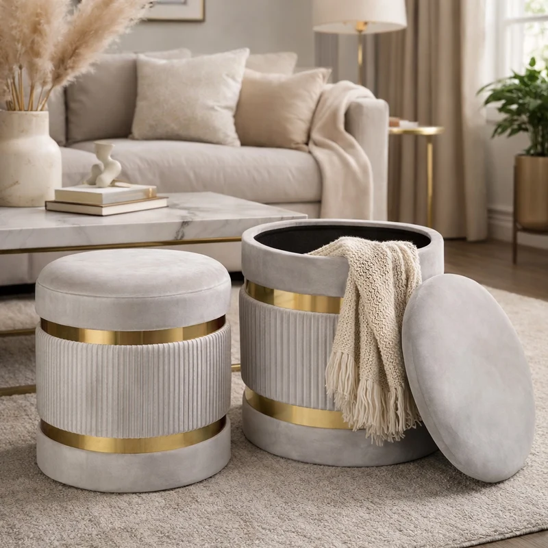 Set 2 Pouf Contenitore Ø 38x44 cm e Ø 31x38 cm con Rivestimento Velluto Avorio