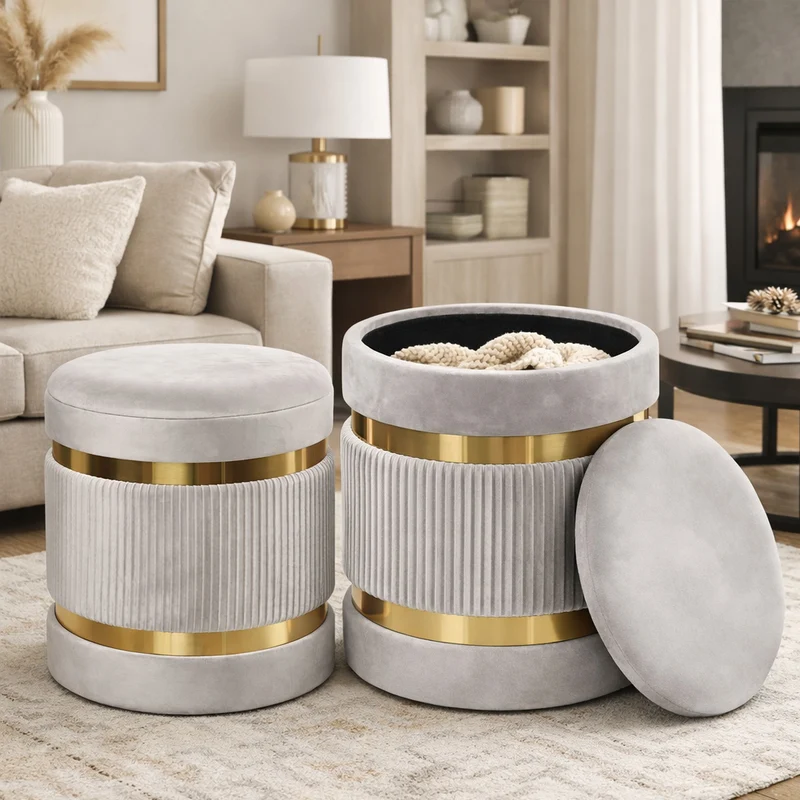 Set 2 Pouf Contenitore Ø 38x44 cm e Ø 31x38 cm con Rivestimento Velluto Avorio