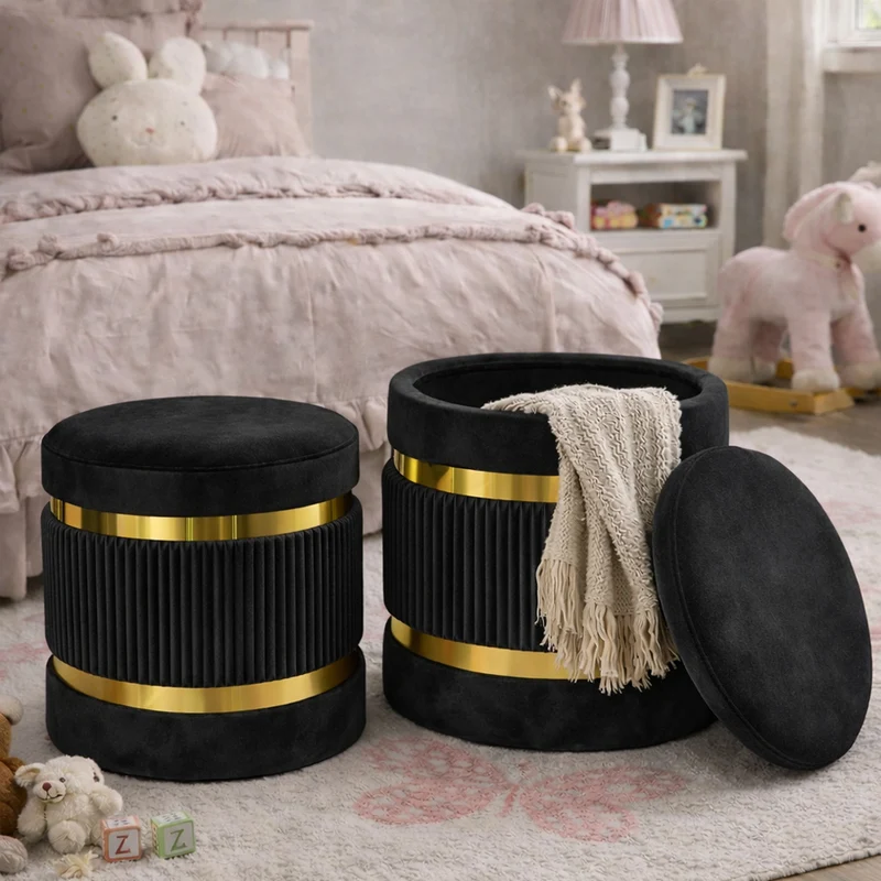 Set 2 Pouf Contenitore Ø 38x44 cm e Ø 31x38 cm con Rivestimento Velluto Nero
