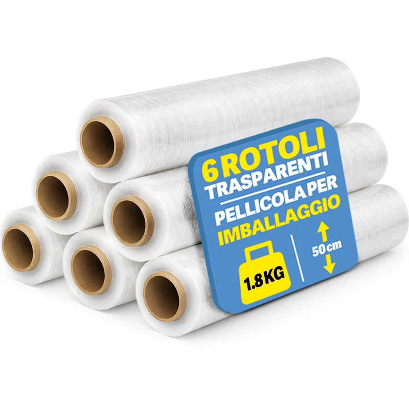 Set 6 Rotoli Pellicola da Imballaggio Altezza 50 cm Film Estensibile Trasparente