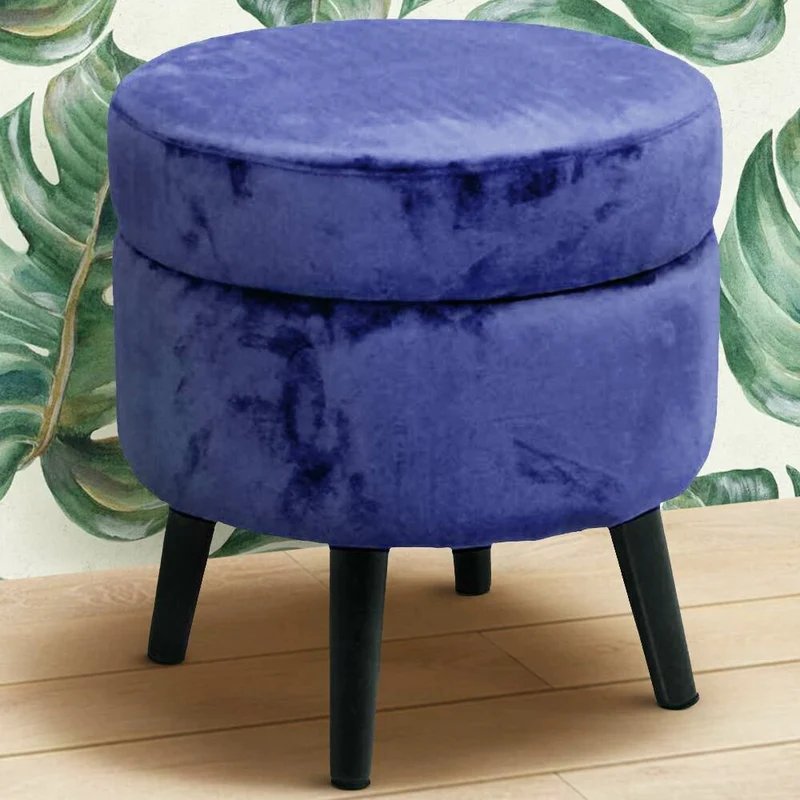 Pouf Contenitore Ø37x40 cm Sgabello Poggiapiedi in Tessuto Velluto Blu