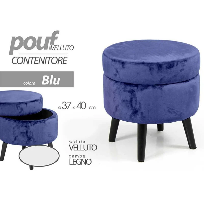 Pouf Contenitore Ø37x40 cm Sgabello Poggiapiedi in Tessuto Velluto Blu