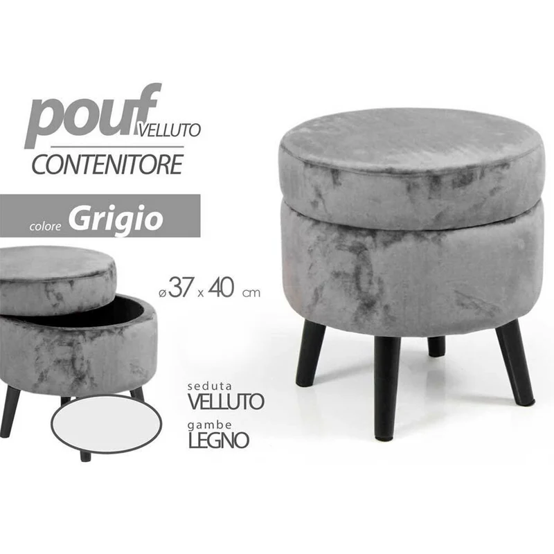 Pouf Contenitore Ø37x40 cm Sgabello Poggiapiedi in Tessuto Velluto Grigio