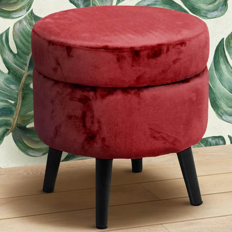 Pouf Contenitore Ø37x40 cm Sgabello Poggiapiedi in Tessuto Velluto Bordeaux