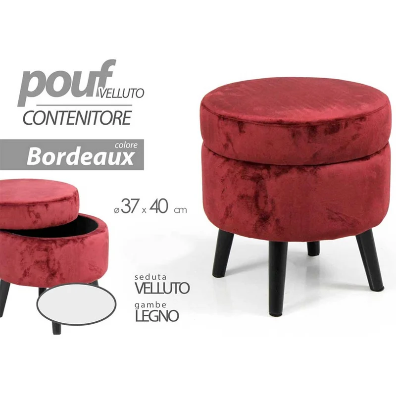 Pouf Contenitore Ø37x40 cm Sgabello Poggiapiedi in Tessuto Velluto Bordeaux