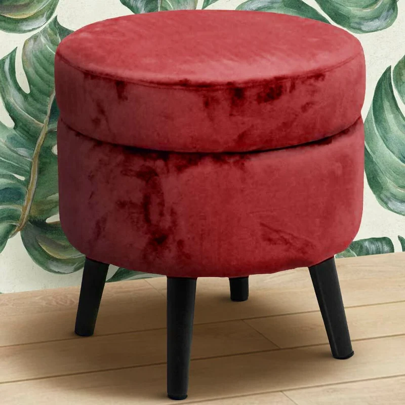 Pouf Contenitore Ø37x40 cm Sgabello Poggiapiedi in Tessuto Velluto Bordeaux