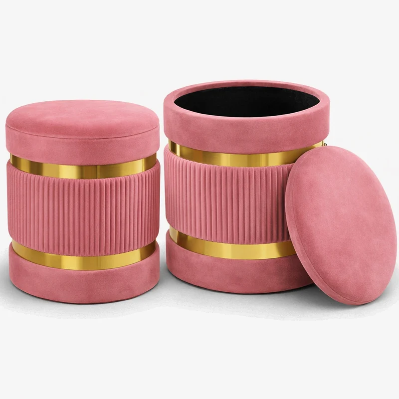Set 2 Pouf Contenitore Ø 38x44 cm e Ø 31x38 cm con Rivestimento Velluto Rosa