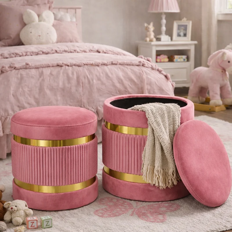Set 2 Pouf Contenitore Ø 38x44 cm e Ø 31x38 cm con Rivestimento Velluto Rosa