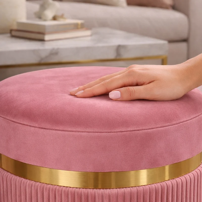 Set 2 Pouf Contenitore Ø 38x44 cm e Ø 31x38 cm con Rivestimento Velluto Rosa