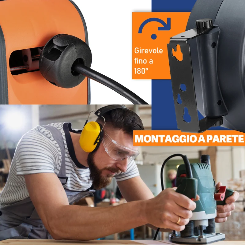 Avvolgicavo Elettrico 20 Metri Rotante a 180° con Multipresa a 3 Teste e Guanti