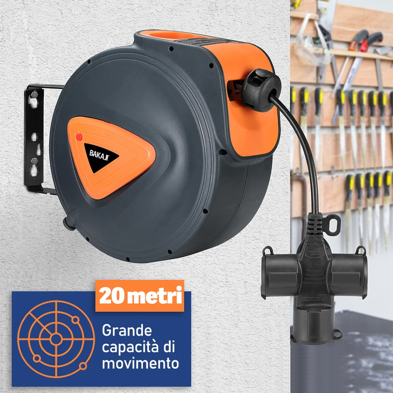 Avvolgicavo Elettrico 20 Metri Rotante a 180° con Multipresa a 3 Teste e Guanti