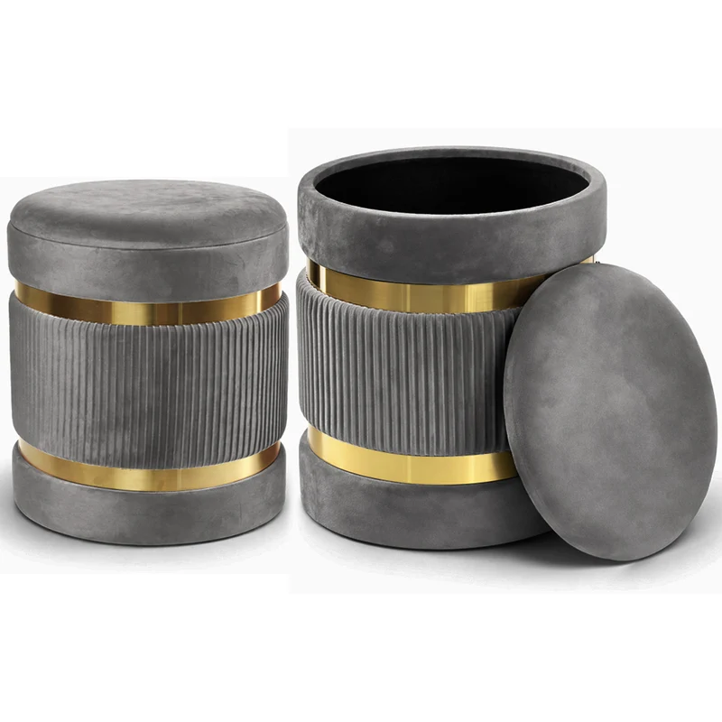 Set 2 Pouf Contenitore Ø 38x44 cm e Ø 31x38 cm con Rivestimento Velluto Grigio