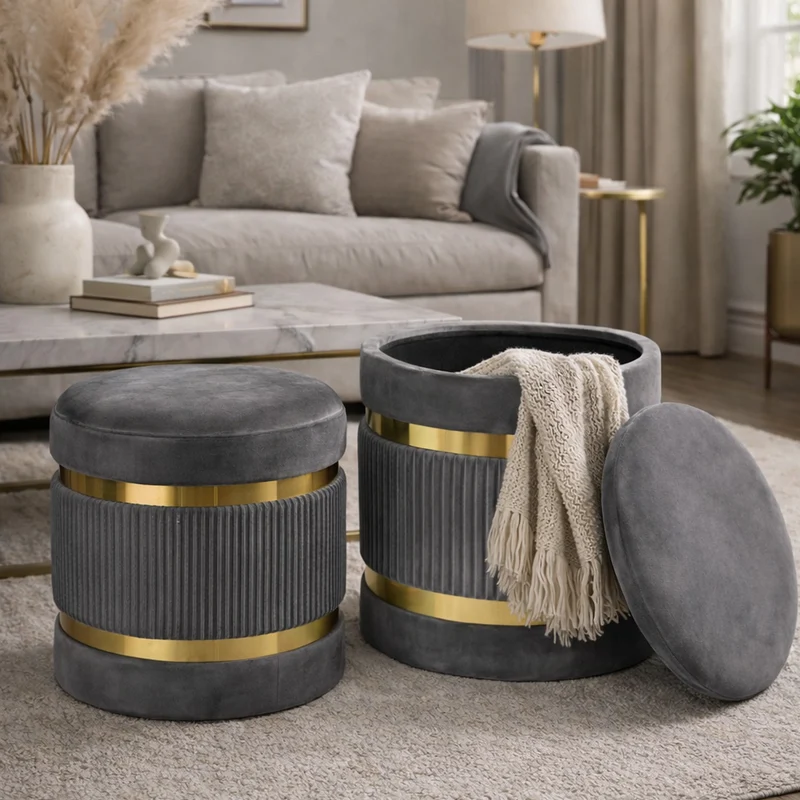 Set 2 Pouf Contenitore Ø 38x44 cm e Ø 31x38 cm con Rivestimento Velluto Grigio