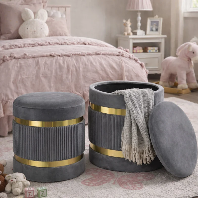 Set 2 Pouf Contenitore Ø 38x44 cm e Ø 31x38 cm con Rivestimento Velluto Grigio