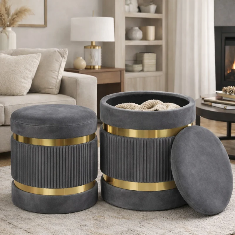 Set 2 Pouf Contenitore Ø 38x44 cm e Ø 31x38 cm con Rivestimento Velluto Grigio