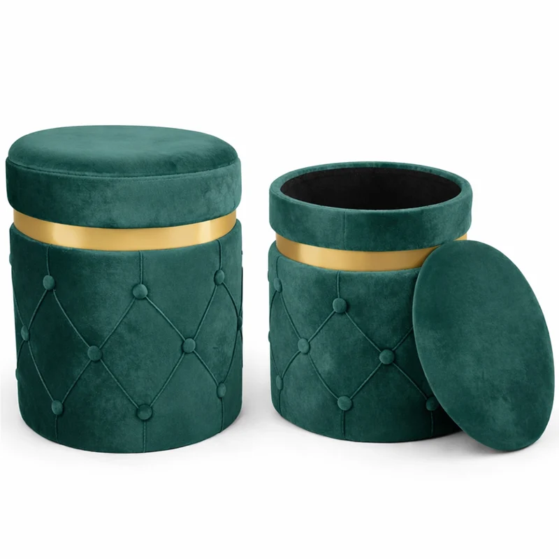 Set 2 Pouf Contenitori 38x44 cm e 31x38 cm con Design Trapuntato in Velluto Verde