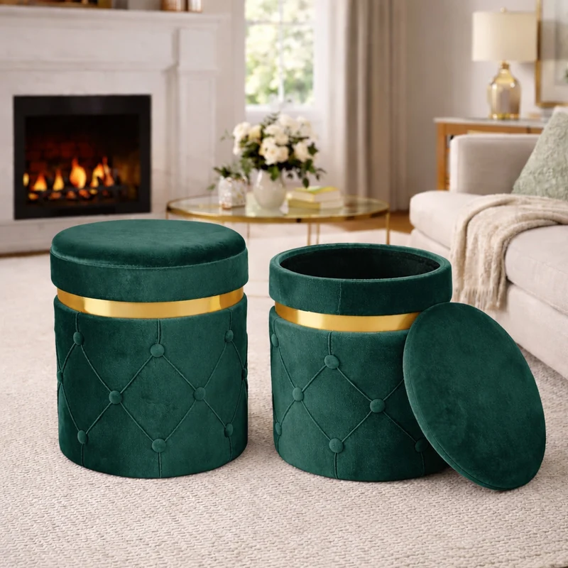 Set 2 Pouf Contenitori 38x44 cm e 31x38 cm con Design Trapuntato in Velluto Verde
