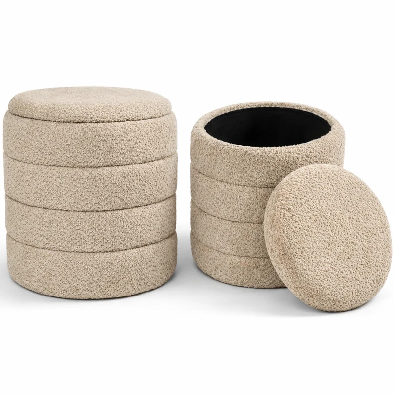 Set 2 Pouf Contenitori 43x45 cm e 35x40 cm Seduta Imbottita Rivestimento Bounclè Beige