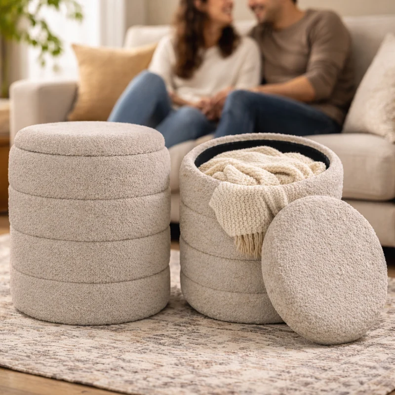 Set 2 Pouf Contenitori 43x45 cm e 35x40 cm Seduta Imbottita Rivestimento Bounclè Beige