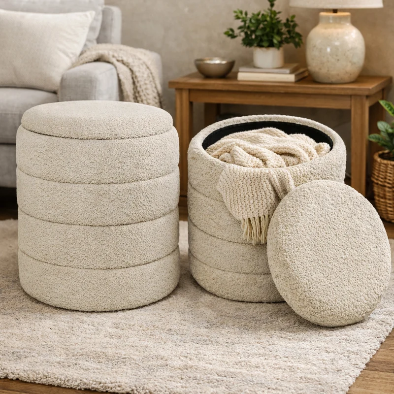 Set 2 Pouf Contenitori 43x45 cm e 35x40 cm Seduta Imbottita Rivestimento Bounclè Beige