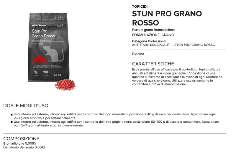 Esca rodenticida derattizzante per topi e ratti Newpharm Stun Pro Grano 1,5 kg
