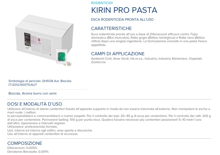 Esca rodenticida derattizzante per topi e ratti Kirin Pro Pasta 10 kg