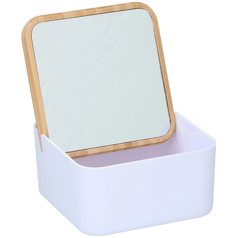 Portagioie con Specchio e Coperchio in Bambù Organizer per Trucco Bianco