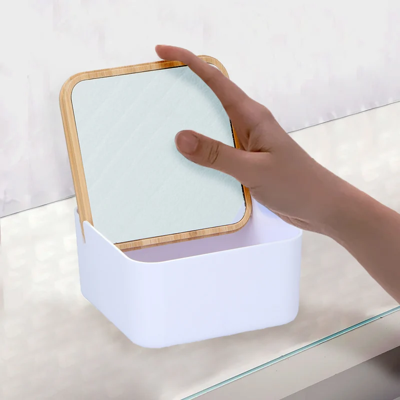 Portagioie con Specchio e Coperchio in Bambù Organizer per Trucco Bianco