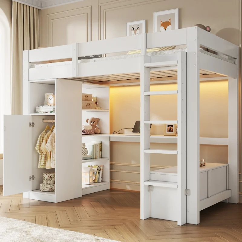 Letto a soppalco 90x200 con scrivania integrata; armadio; LED e struttura bianca