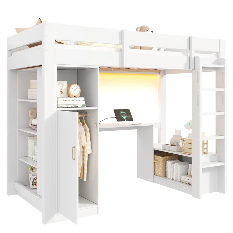 Letto a soppalco 90x200 con scrivania integrata; armadio; LED e struttura bianca
