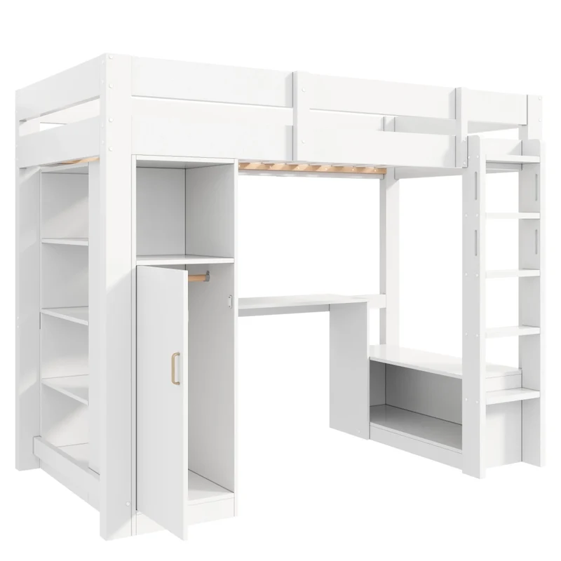 Letto a soppalco 90x200 con scrivania integrata; armadio; LED e struttura bianca