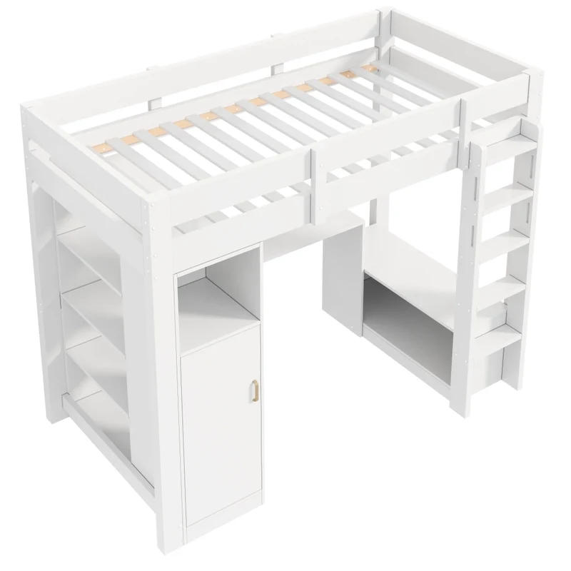 Letto a soppalco 90x200 con scrivania integrata; armadio; LED e struttura bianca