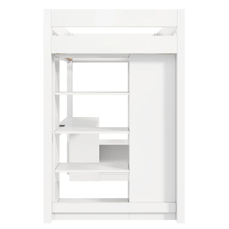 Letto a soppalco 90x200 con scrivania integrata; armadio; LED e struttura bianca
