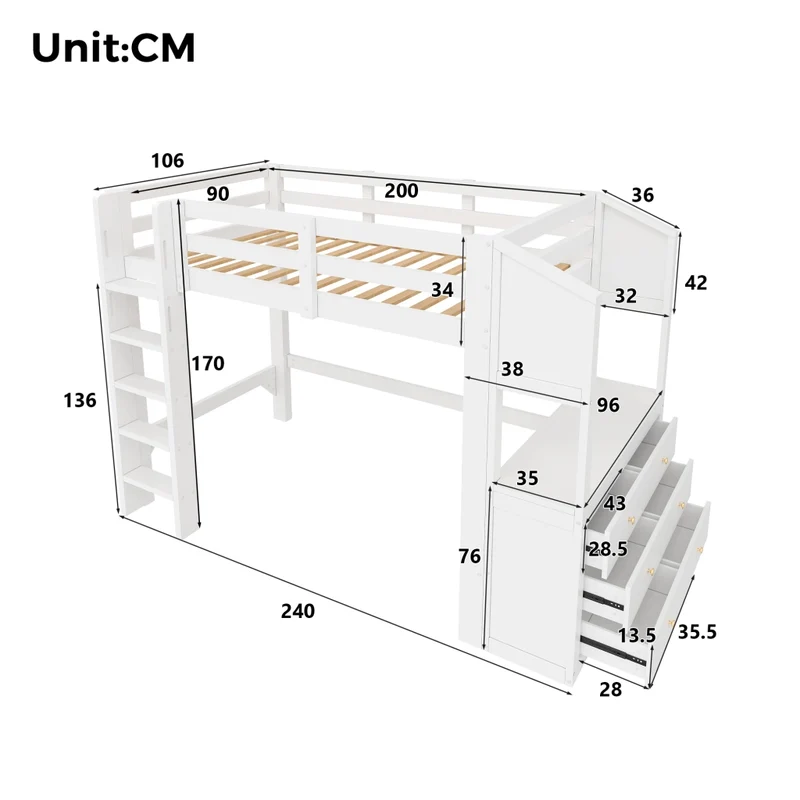 Letto a soppalco 90x200 con 6 cassetti; scaffali e luci LED; bianco