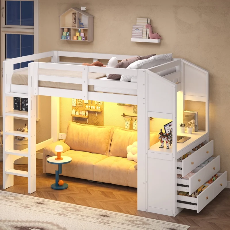 Letto a soppalco 90x200 con 6 cassetti; scaffali e luci LED; bianco