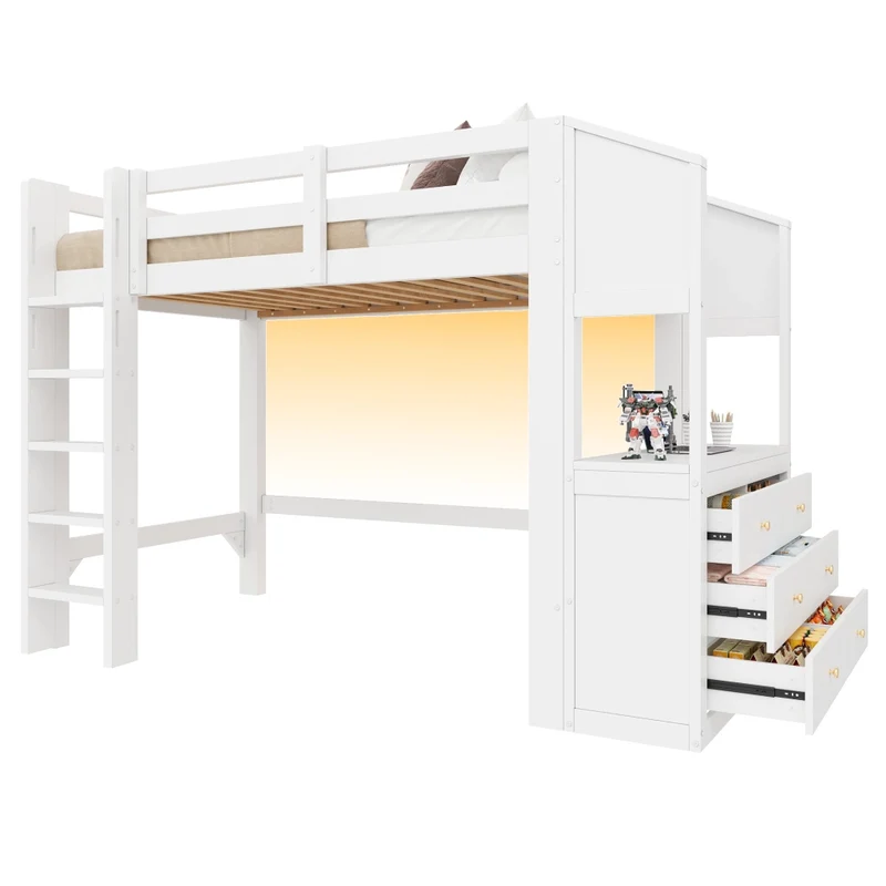 Letto a soppalco 90x200 con 6 cassetti; scaffali e luci LED; bianco