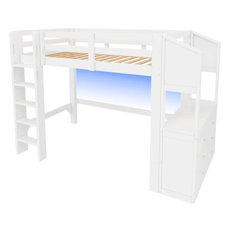 Letto a soppalco 90x200 con 6 cassetti; scaffali e luci LED; bianco